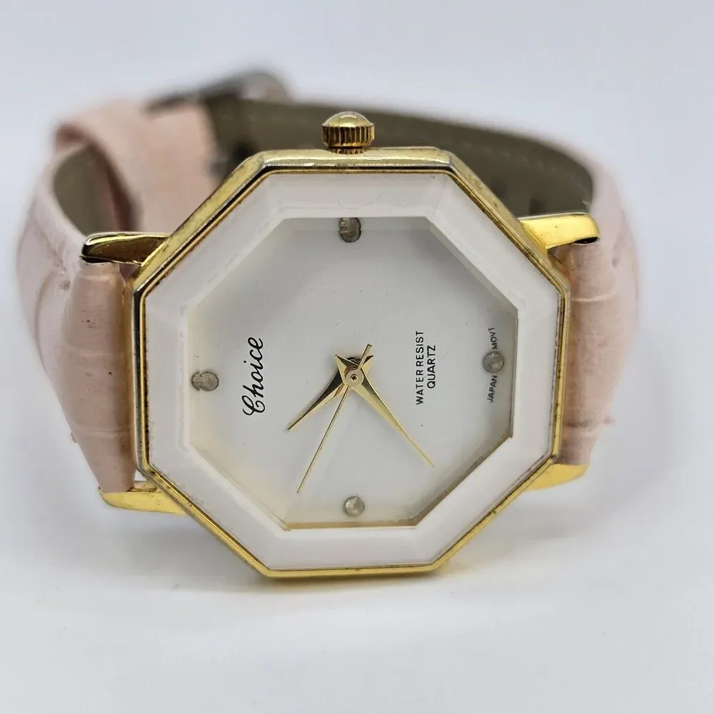 Choice Women's Octagon‎ Watch 30MM White Dial New Pink Leather Bands New Battery
